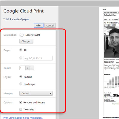 właściwości drukowania google cloud print